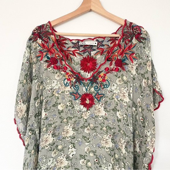 Zara Embroidered Midi  Tunic Dress with V-neck Size S Spring Summer - Picture 15 of 16